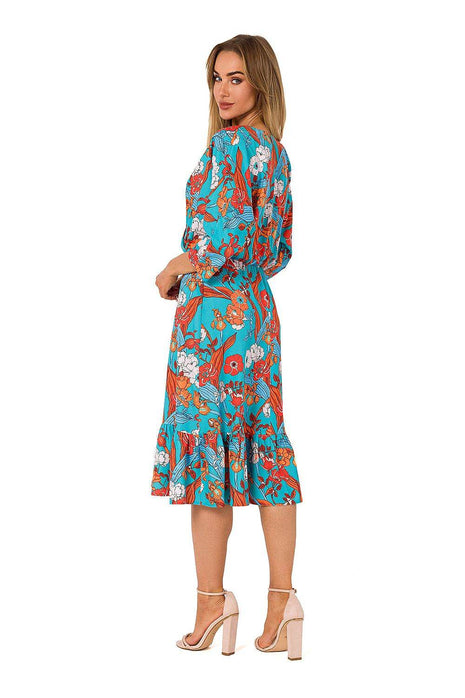 Summer Floral Midi Dress with Ruffle, Envelope Neckline & Elastic Waistband - MimiStylez