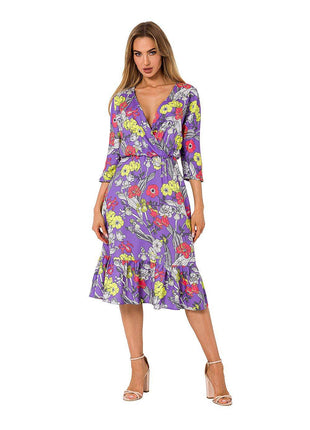 Summer Floral Midi Dress with Ruffle, Envelope Neckline & Elastic Waistband - MimiStylez
