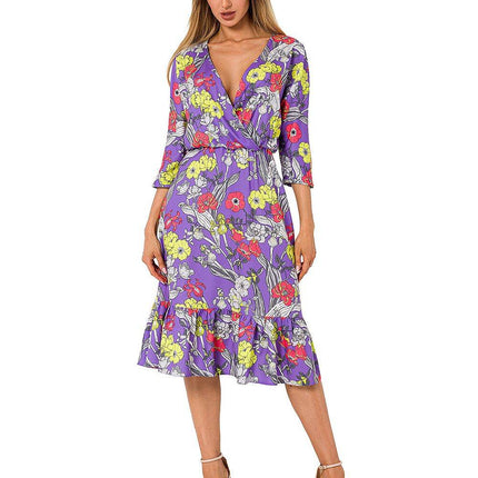 Summer Floral Midi Dress with Ruffle, Envelope Neckline & Elastic Waistband - MimiStylez