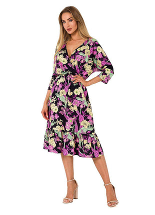 Summer Floral Midi Dress with Ruffle, Envelope Neckline & Elastic Waistband - MimiStylez