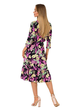 Summer Floral Midi Dress with Ruffle, Envelope Neckline & Elastic Waistband - MimiStylez