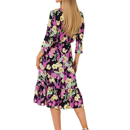 Summer Floral Midi Dress with Ruffle, Envelope Neckline & Elastic Waistband - MimiStylez