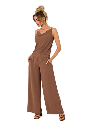 Draped Neckline Pantsuit with Tie-Back Straps and Elastic Waist - MimiStylez