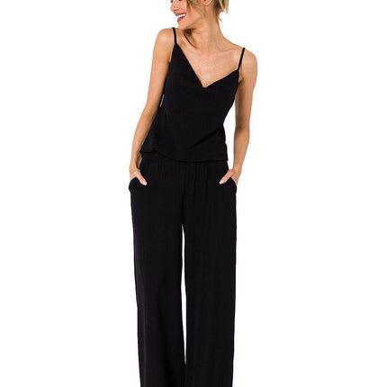Draped Neckline Pantsuit with Tie-Back Straps and Elastic Waist - MimiStylez
