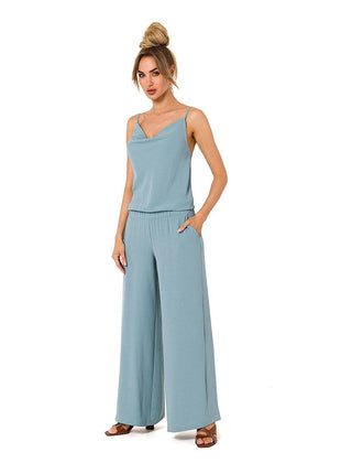 Draped Neckline Pantsuit with Tie-Back Straps and Elastic Waist - MimiStylez
