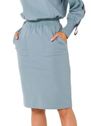 Knit Ctton Sweatshirt Skirt with Front Pockets and Elastic Waistband - MimiStylez