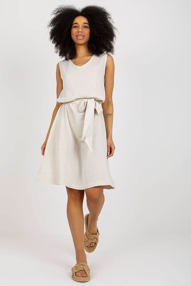 Sleeveless Flared Summer Dress with V-Neck and Waist Tie - MimiStylez