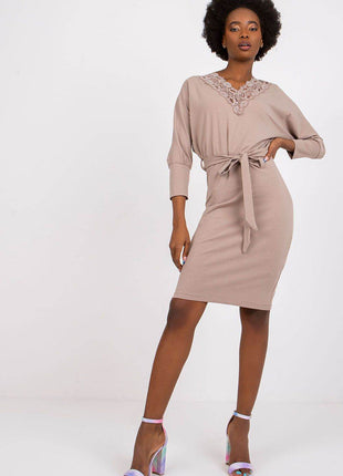 Elegant 3/4 Sleeve Dress with Lace Neckline and Waist Tie - MimiStylez