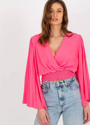 Pleated Sleeve Blouse with Envelope Neckline & Elastic Hem - MimiStylez