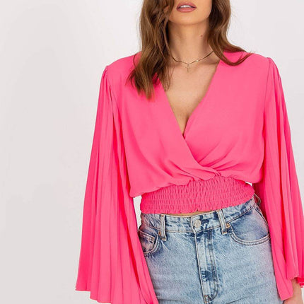 Pleated Sleeve Blouse with Envelope Neckline & Elastic Hem - MimiStylez
