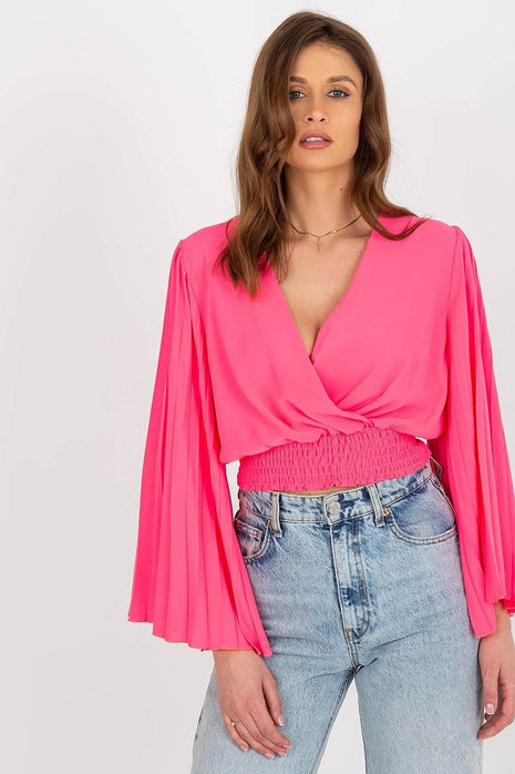 Pleated Sleeve Blouse with Envelope Neckline & Elastic Hem - MimiStylez
