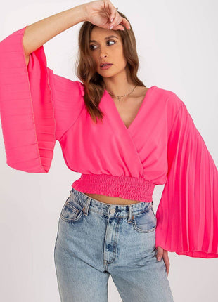 Pleated Sleeve Blouse with Envelope Neckline & Elastic Hem - MimiStylez