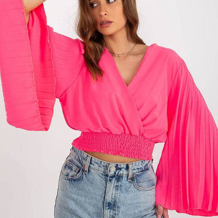 Pleated Sleeve Blouse with Envelope Neckline & Elastic Hem - MimiStylez