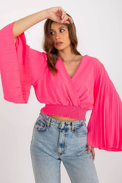 Pleated Sleeve Blouse with Envelope Neckline & Elastic Hem - MimiStylez