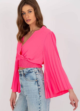Pleated Sleeve Blouse with Envelope Neckline & Elastic Hem - MimiStylez