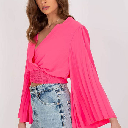 Pleated Sleeve Blouse with Envelope Neckline & Elastic Hem - MimiStylez