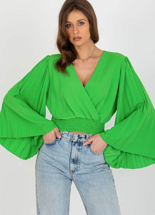 Pleated Sleeve Blouse with Envelope Neckline & Elastic Hem - MimiStylez