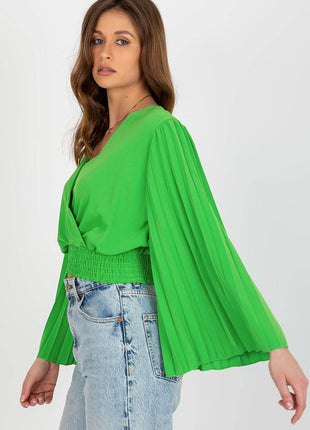 Pleated Sleeve Blouse with Envelope Neckline & Elastic Hem - MimiStylez