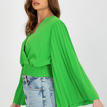 Pleated Sleeve Blouse with Envelope Neckline & Elastic Hem - MimiStylez