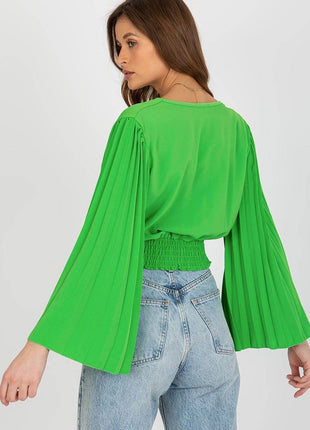 Pleated Sleeve Blouse with Envelope Neckline & Elastic Hem - MimiStylez