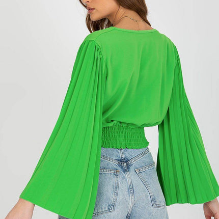 Pleated Sleeve Blouse with Envelope Neckline & Elastic Hem - MimiStylez