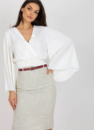 Pleated Sleeve Blouse with Envelope Neckline & Elastic Hem - MimiStylez