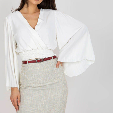 Pleated Sleeve Blouse with Envelope Neckline & Elastic Hem - MimiStylez
