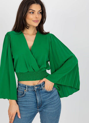 Pleated Sleeve Blouse with Envelope Neckline & Elastic Hem - MimiStylez