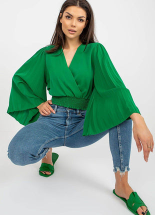 Pleated Sleeve Blouse with Envelope Neckline & Elastic Hem - MimiStylez