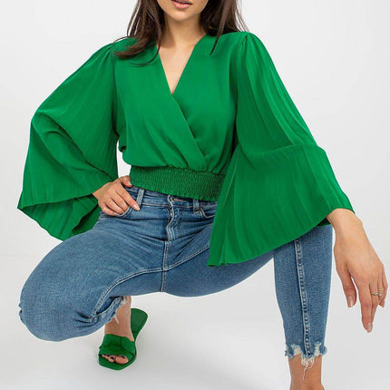 Pleated Sleeve Blouse with Envelope Neckline & Elastic Hem - MimiStylez