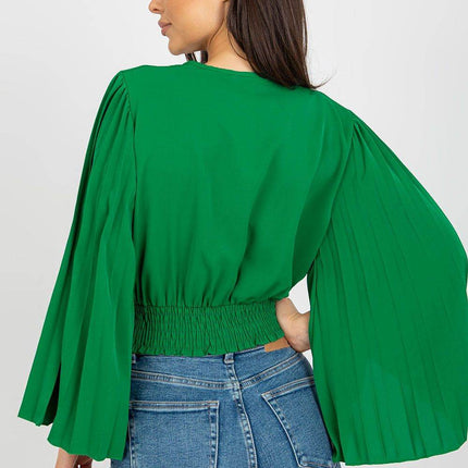 Pleated Sleeve Blouse with Envelope Neckline & Elastic Hem - MimiStylez