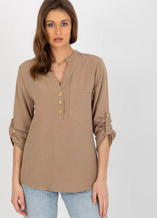 Women's Shirt-Style Blouse with Heart Neckline and Decorative Clasp - MimiStylez