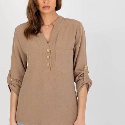 Women's Shirt-Style Blouse with Heart Neckline and Decorative Clasp - MimiStylez