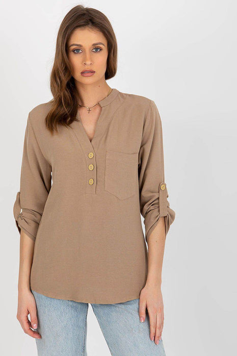 Women's Shirt-Style Blouse with Heart Neckline and Decorative Clasp - MimiStylez