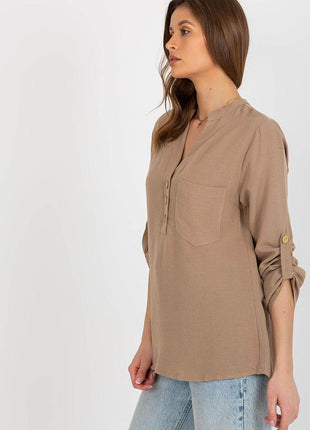 Women's Shirt-Style Blouse with Heart Neckline and Decorative Clasp - MimiStylez