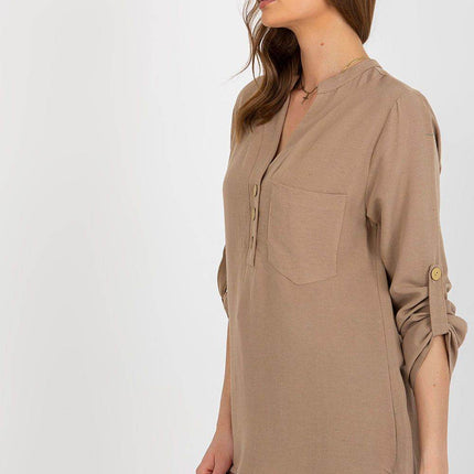 Women's Shirt-Style Blouse with Heart Neckline and Decorative Clasp - MimiStylez