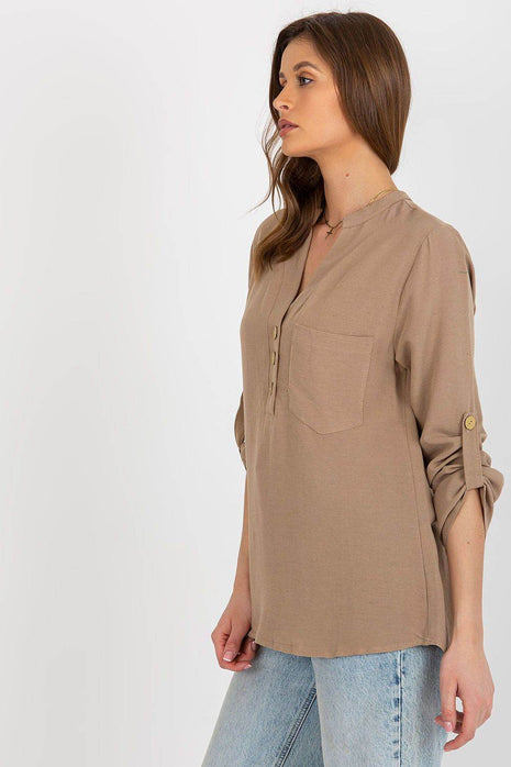 Women's Shirt-Style Blouse with Heart Neckline and Decorative Clasp - MimiStylez