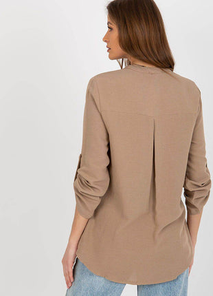 Women's Shirt-Style Blouse with Heart Neckline and Decorative Clasp - MimiStylez
