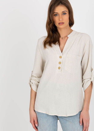Women's Shirt-Style Blouse with Heart Neckline and Decorative Clasp - MimiStylez