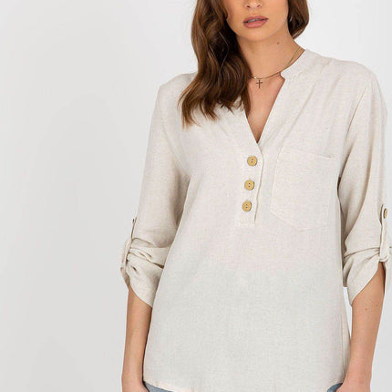 Women's Shirt-Style Blouse with Heart Neckline and Decorative Clasp - MimiStylez