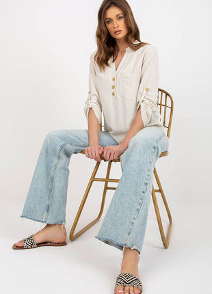 Women's Shirt-Style Blouse with Heart Neckline and Decorative Clasp - MimiStylez