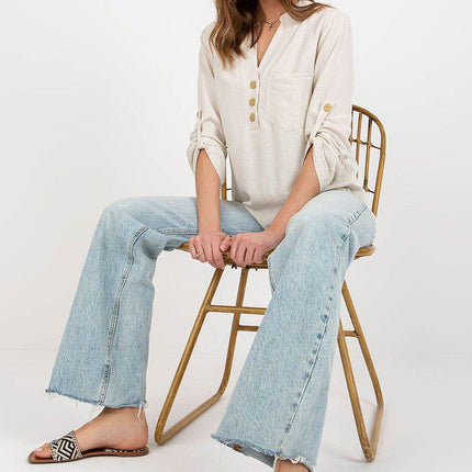 Women's Shirt-Style Blouse with Heart Neckline and Decorative Clasp - MimiStylez