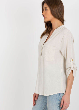 Women's Shirt-Style Blouse with Heart Neckline and Decorative Clasp - MimiStylez