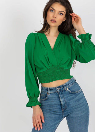 Long Sleeve Blouse with Envelope Neckline & Elastic Hem - MimiStylez