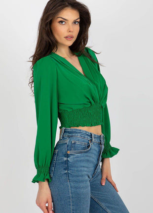 Long Sleeve Blouse with Envelope Neckline & Elastic Hem - MimiStylez