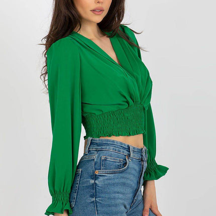Long Sleeve Blouse with Envelope Neckline & Elastic Hem - MimiStylez