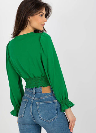 Long Sleeve Blouse with Envelope Neckline & Elastic Hem - MimiStylez