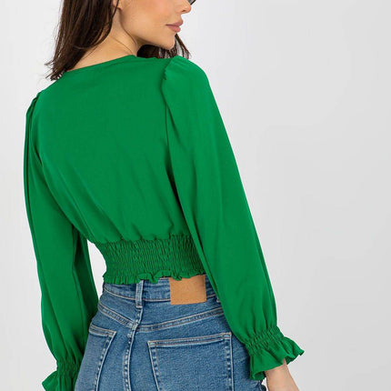 Long Sleeve Blouse with Envelope Neckline & Elastic Hem - MimiStylez