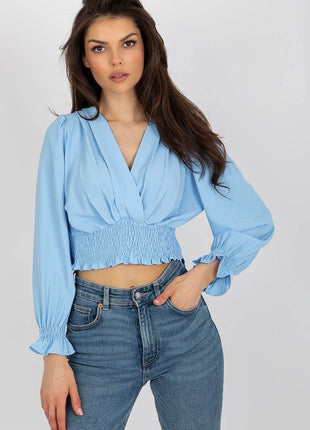 Long Sleeve Blouse with Envelope Neckline & Elastic Hem - MimiStylez