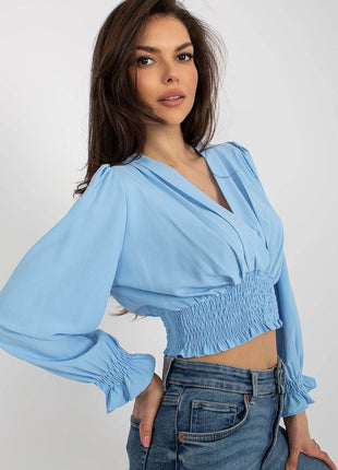 Long Sleeve Blouse with Envelope Neckline & Elastic Hem - MimiStylez